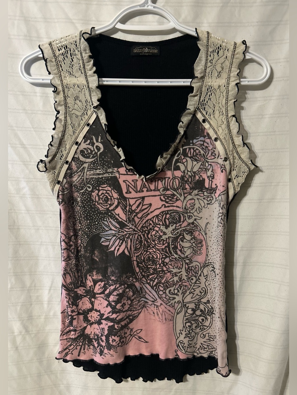 Vintage Skinny Minnie Women’s Y2K Bedazzled Pink Top